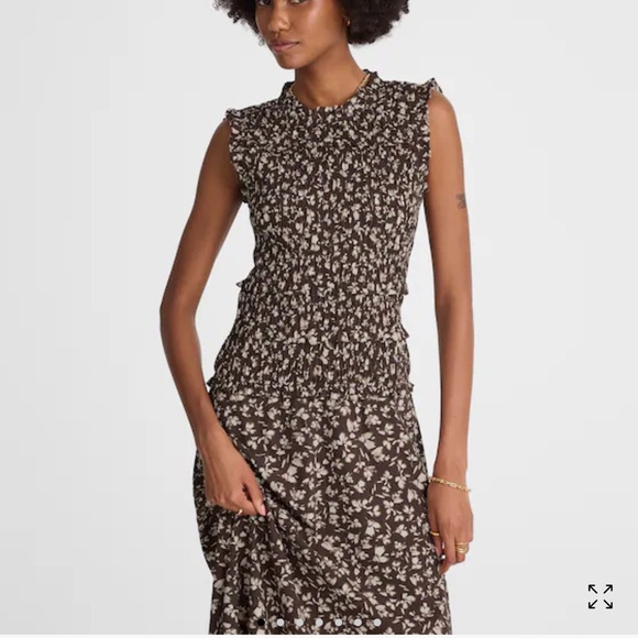 NWT Madewell Smocked Brown Sleeveless Floral Midi Dress Size 10 - Picture 3 of 12